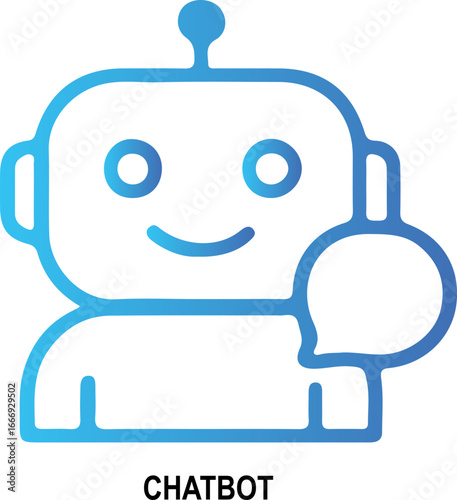 “Chatbot Mascot” – Gradient Blue Icon Featuring Smiling Robot Face with Speech Bubble and Bold Typography for Conversational Branding and Modular Merch