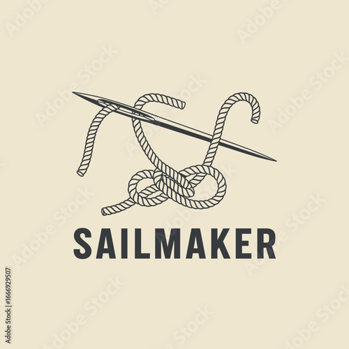 A logo design featuring a needle and rope knot, symbolizing sailmaking craftsmanship.