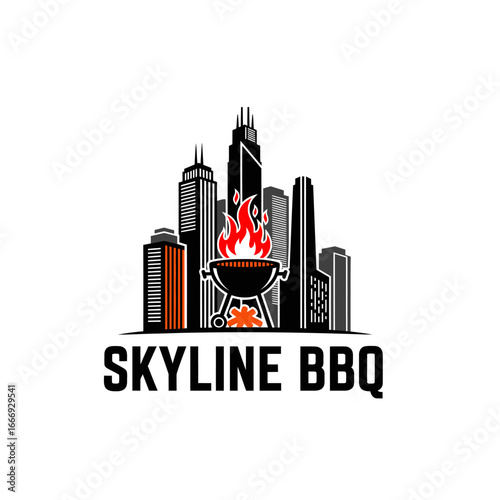 A fiery grill in a city skyline. BBQ logo design.