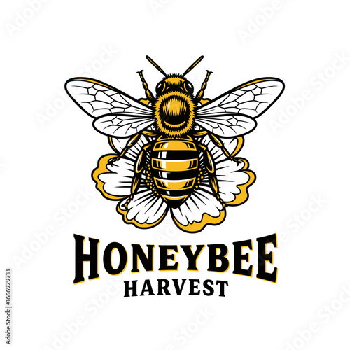A detailed illustration of a honeybee on a flower, forming a logo for Honeybee Harvest.