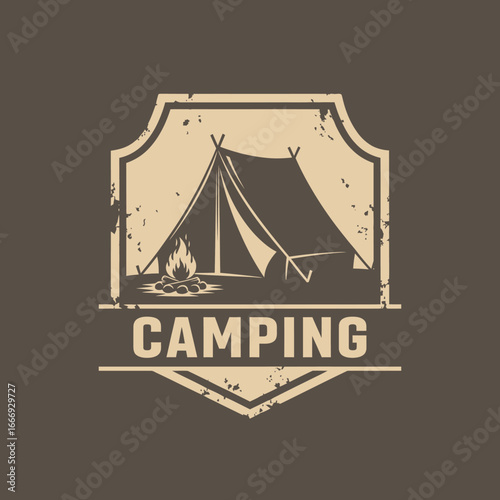Vintage camping logo featuring a tent and campfire. Perfect for outdoor adventures.