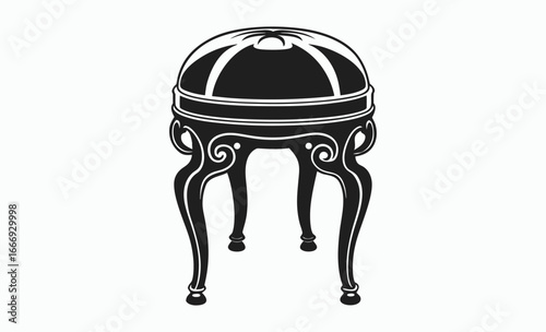 Vanity stool silhouette, Black vanity stool with curved back and legs silhouette, seating furniture vector, black and white illustration 