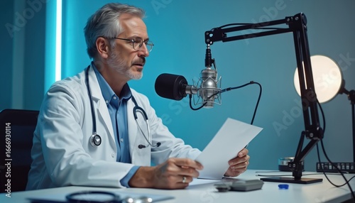 Doctor in white coat records podcast with professional microphone, stethoscope. Medical professional speaks into mic, holds paper with notes. Modern audio equipment in studio setting. Healthcare