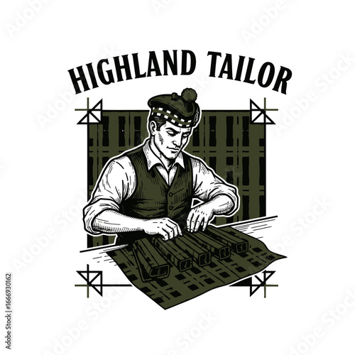 A skilled tailor meticulously crafting fabric.  Highland tradition.