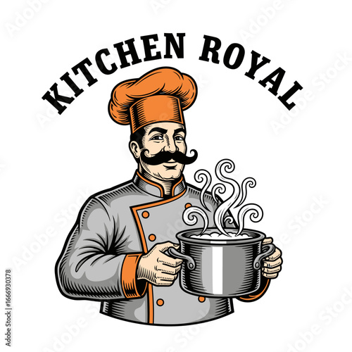 A majestic chef proudly presents a steaming pot of culinary delight.  Kitchen Royal logo.