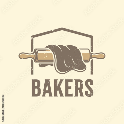 A vintage-style logo for a bakery, featuring a rolling pin and dough.