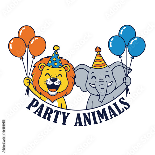 Cartoon lion and elephant celebrating with balloons. Party animals banner.