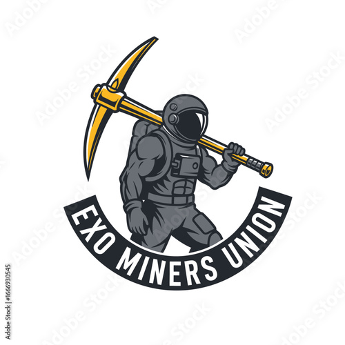 Astronaut miner logo for Exo Miners Union. Strong, powerful design.
