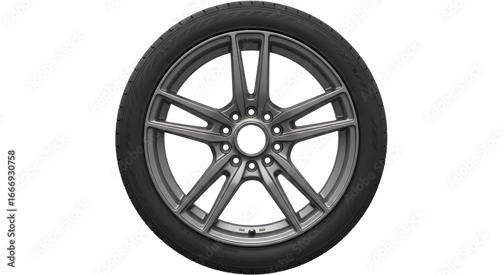 Obraz premium A detailed front view of a modern, sporty alloy car wheel with a black tire, isolated on a clean white background, showcasing its intricate spoke design and performanceoriented features