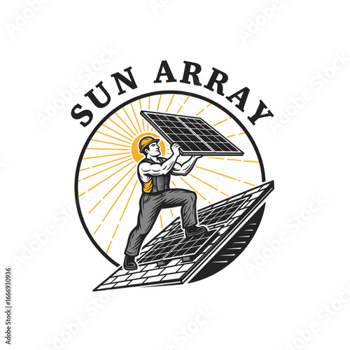 A strong logo design featuring a worker installing solar panels. Represents clean energy.