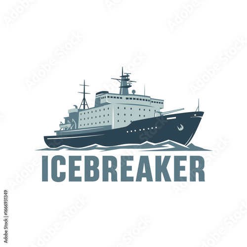 Icebreaker ship graphic design, strong vessel sailing on the sea.