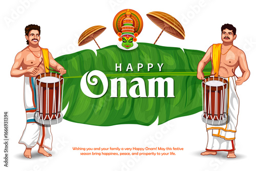 Keralite men playing traditional drum on background for Happy Onam festival of South India Kerala
