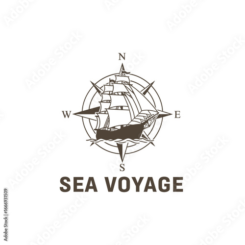 A logo featuring a sailing ship at the center of a compass rose, symbolizing sea voyages and exploration.