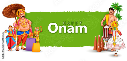 King Mahabali, Kathakali dancer in Onam traditional festival background showing the culture of Kerala, South India
