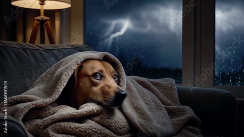 Dog wrapped in a blanket looking scared during thunderstorm at home  