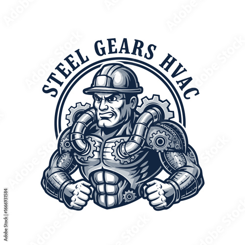 A strong mechanic mascot logo for Steel Gears HVAC.  Powerful and industrial design.
