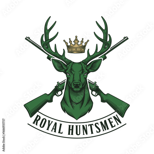 Green deer head with crossed rifles and crown. Royal Huntsmen logo.