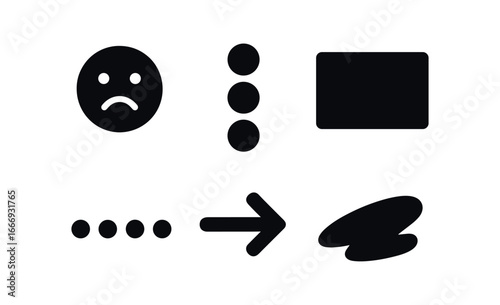 vector solid black filled icons bullet journal (mood tracker): mood face color key legend box dot row arrow cue shadow smear.