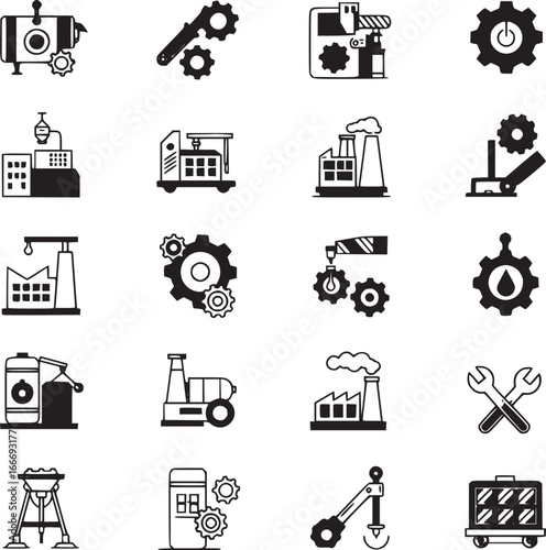 A comprehensive collection of monochrome icons representing industrial processes, manufacturing automation, and factory machinery technology