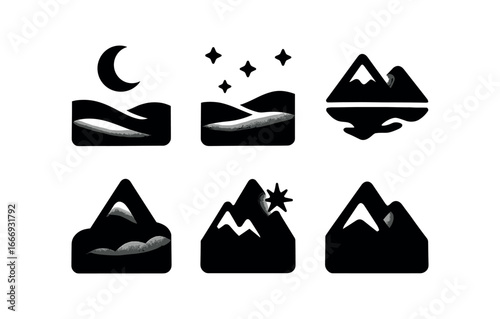 vector solid black filled icons snow drifted valley (night): moonlit snow starry sky silver reflections frosty haze glowing peaks deep blue tones.