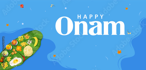 Sadya feast on banana leaf in celebration background for Happy Onam festival of South India Kerala