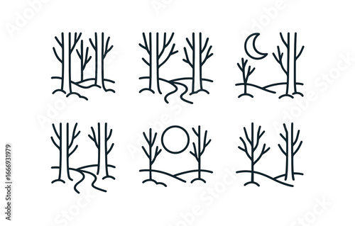 vector outline icons snow dusted forest (twilight blue): pale snow blue shadows bare trunks quiet trail soft moon still air.