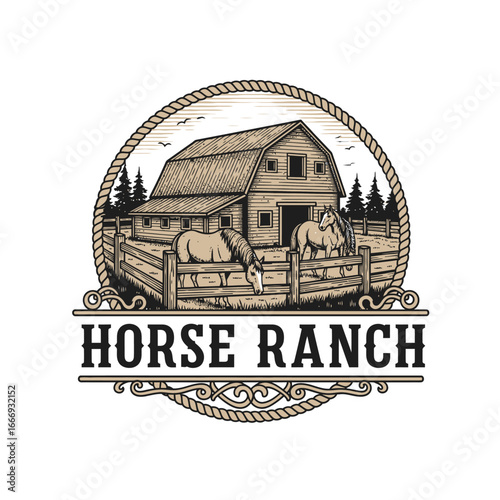 A charming logo depicting a horse ranch with horses in a fenced area near a barn. Rustic and vintage style.