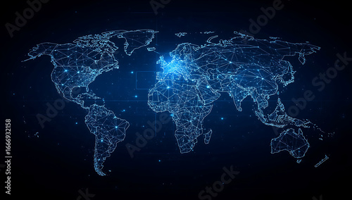 Abstract futuristic world map design representing global data and digital communication.