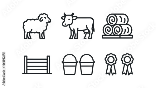 vector outline icons country fair (livestock pen): sheep cattle hay bales wooden fence feed buckets prize ribbons.