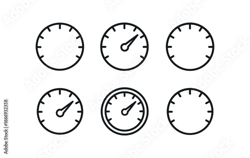 vector outline icons seismologist (richter scale): scale dial pointer arrow number marks shadow smear highlight rim gauge outline.