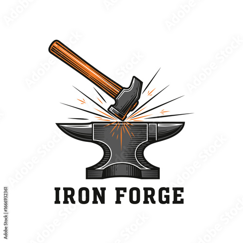A striking logo depicting a hammer hitting an anvil, symbolizing blacksmithing and iron forging.