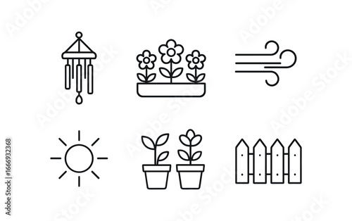 vector outline icons wind chime (garden scene): hanging chimes flower bed soft breeze sunlight potted plants fence.