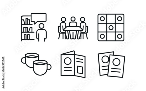 vector outline icons life after full time work (community events): library talk group table bingo board coffee cups brochures posters.
