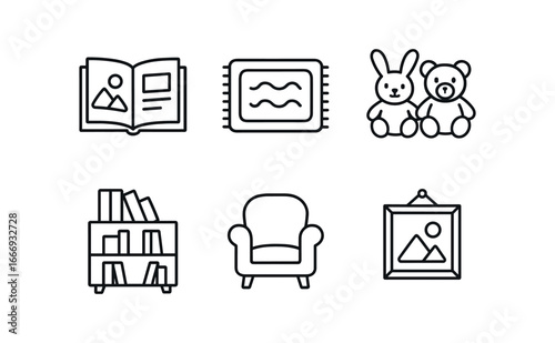 vector outline icons primary years (story corner): picture books carpet mat plush toys bookshelf reading chair wall art.