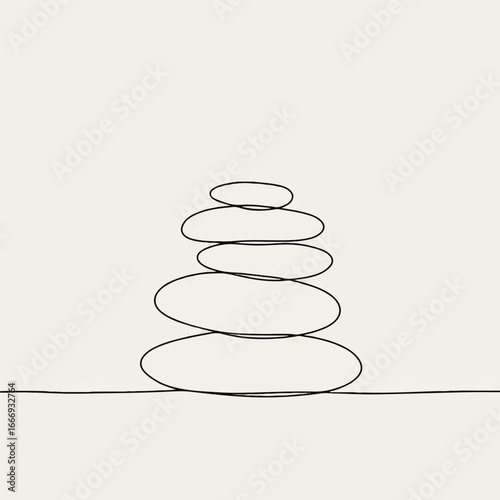 Minimal line art vector illustration of perfectly stacked smooth spa stones creating a tranquil and balanced meditation concept.