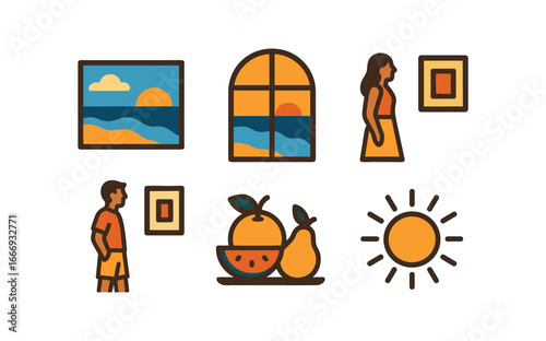 vector colorful filled icons seasonal art show (summer): seascapes warm colors wide casual visitors fruit still life sunshine.