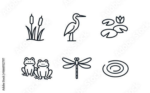 vector outline icons marshland (wildlife): reeds heron lily pads frogs dragonfly rippling water.