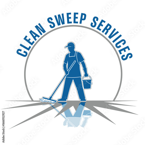 A logo for a cleaning service featuring a silhouette of a cleaner with a mop and bucket.