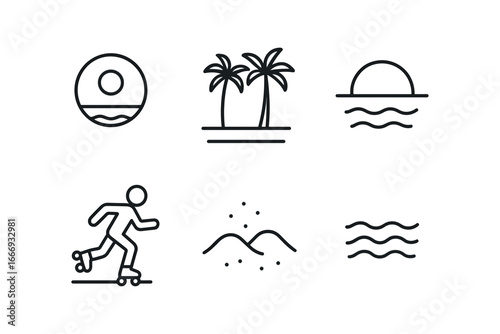 vector outline icons roller skating (beach boardwalk): ocean view palm trees sunset skater in motion sand waves.