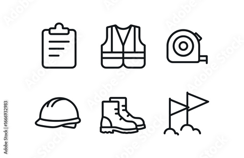 vector outline icons apprenticeship stage (field work): clipboard safety vest measuring tape hard hat boots marker flags.