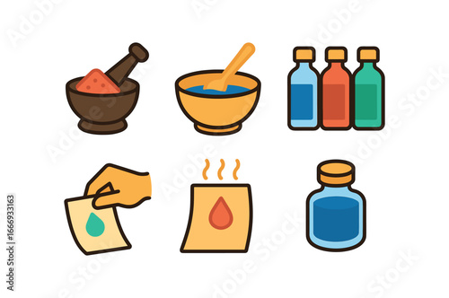vector colorful flat filled icons ink maker (process): grinding pigment mixing with binder pouring into bottles testing on paper drying sealing.