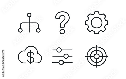 vector outline icons financial forecast model (scenario planning): branching lines question mark gear icon dollar cloud slider controls target icon.