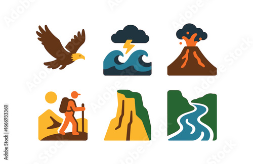 vector colorful filled icons boldness (nature): eagle in flight stormy sea erupting volcano desert trek high cliff wild river.