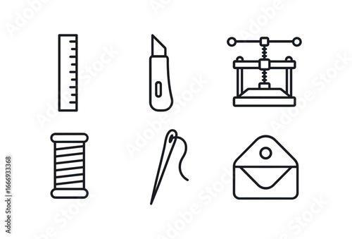 vector outline icons bookbinder (tools close up): metal ruler cutting knife press clamps linen thread needle corner cutter.