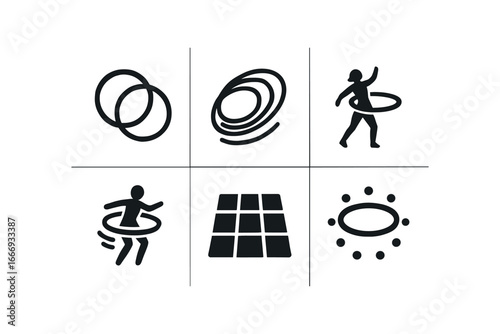 vector solid black filled icons hoop dancing (multi hoop): nested rings pattern trails dancer silhouette motion arcs floor grid light dots.