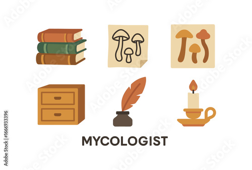 vector colorful flat filled icons mycologist (historic): old books ink sketches dried specimens wooden drawers quill pen candlelight.