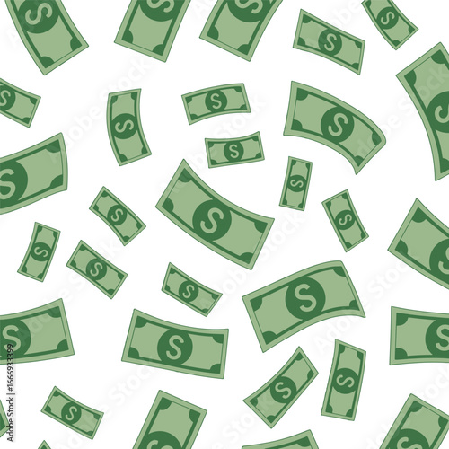 A seamless pattern of falling cartoon dollar bills. A background of raining money for finance and wealth concepts vector illustration