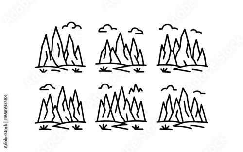 vector outline icons karst (pinnacle field): sharp stone peaks scattered grass open sky shadows rugged terrain horizon.