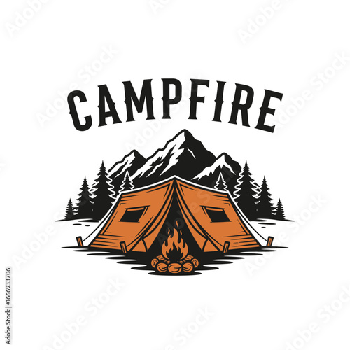 Campfire scene with tent, mountains, and trees. Perfect for camping lovers.