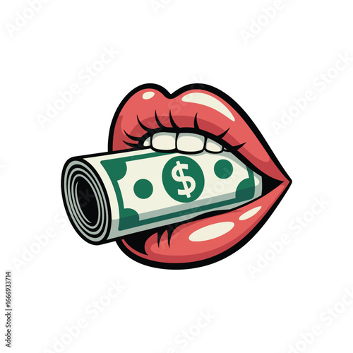 Pop art style red lips holding a rolled up dollar bill. A female mouth with money concept for wealth and luxury vector illustration